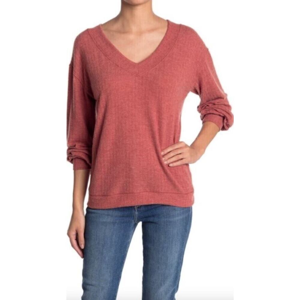 PST by Project Social T V- Neck‎ Brushed Knit Sweater in Heather Chilli Medium